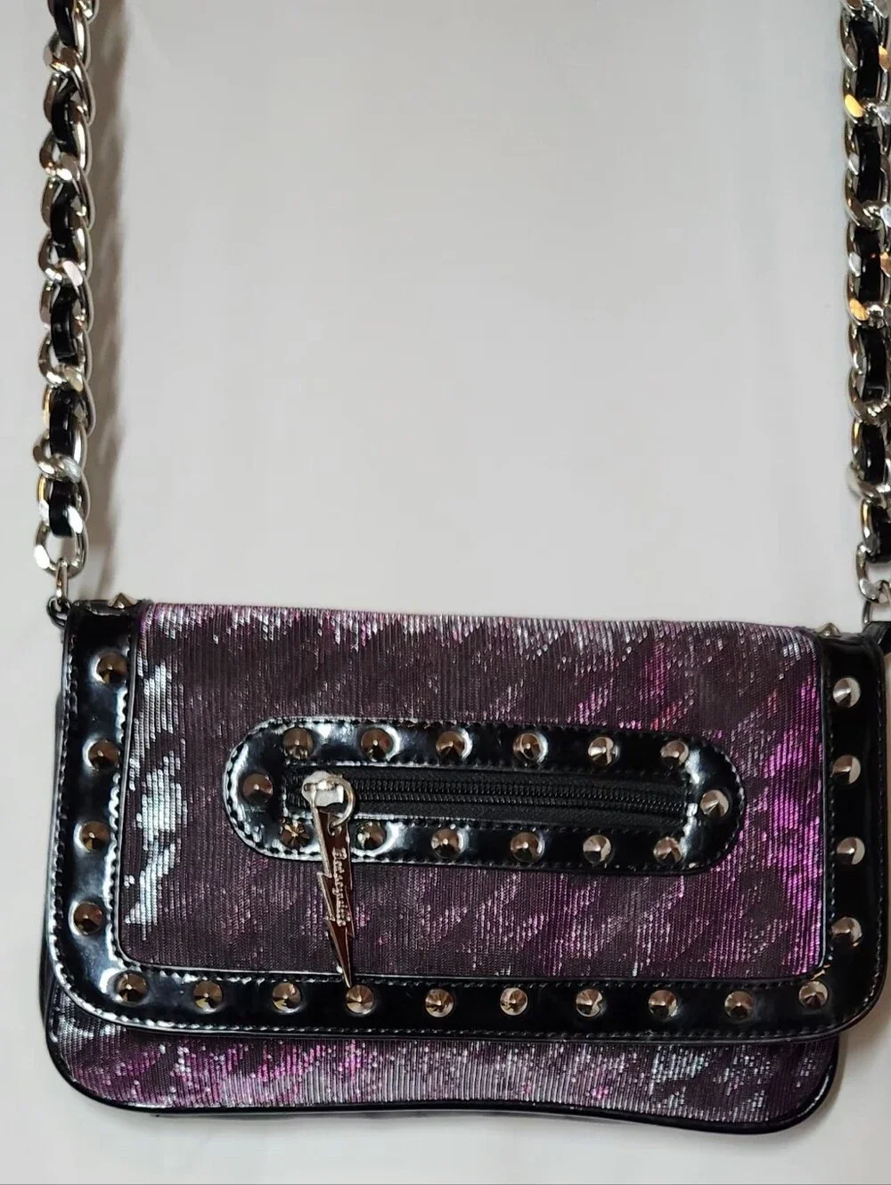 Y2K Betseyville Crossbody Chain Purse Metal Studs Rocker Purple Pink Shimmer